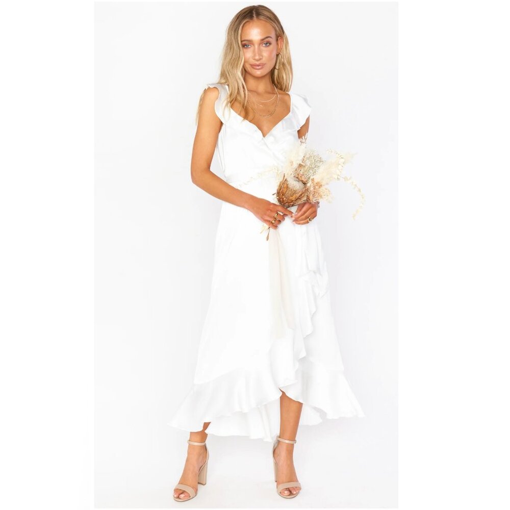 Show Me Your MuMu White Ruffled Wrap Midi Wedding Dress